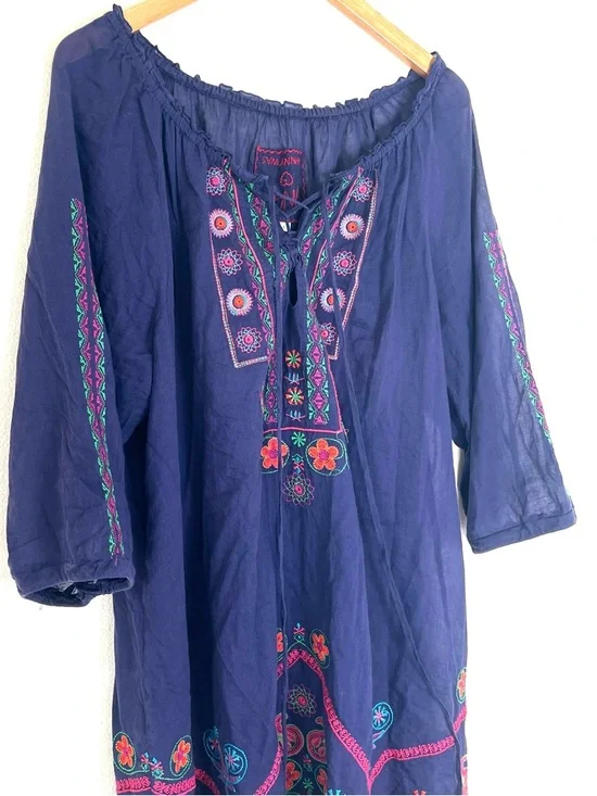 Johnny Was navy embroidered boho peasant shift dress size large - Picture 3 of 7